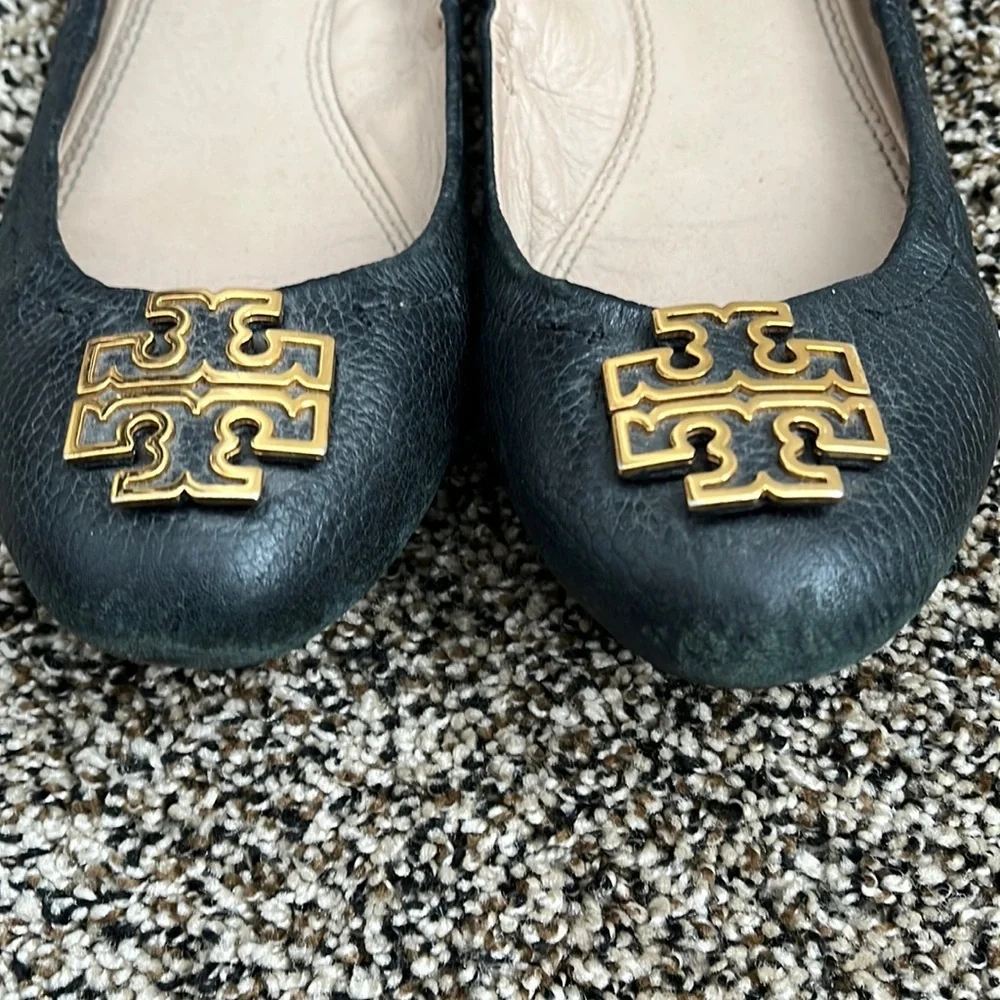 Tory Burch Gold Logo Melinda Black Leather Flat, worn